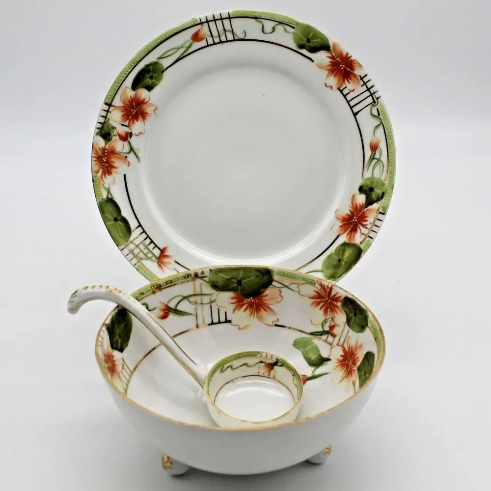 Antique Nippon Hand Painted Mayonnaise Condiment Bowl Under Plate Ladle Japan
